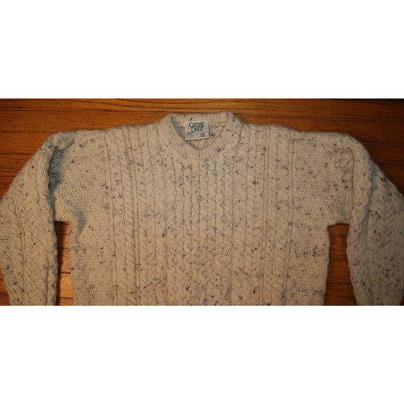 VTG Carraig Donn Wool Sweater Cable Knit Fisherman Flecked M Ivory Aran Ireland